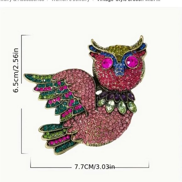 Colorful Pink Owl Brooch Pin With Multicolored Rhinestones - Picture 2 of 2